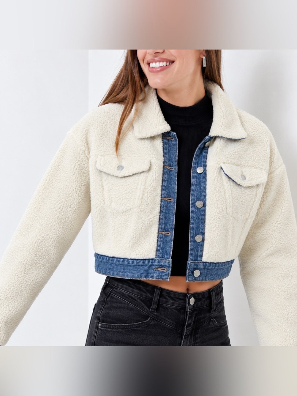 PacSun Cropped Sherpa Fleece Denim Jacket Cream Blue Medium NWT